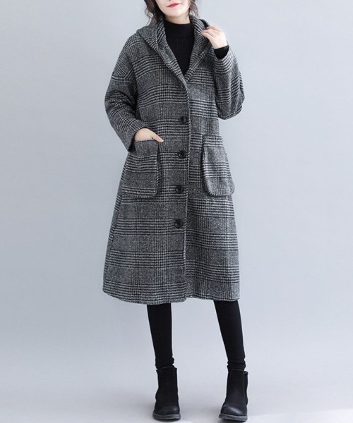 ピーコート pコート 千鳥格子ツイード調ミドルフードコート レディース