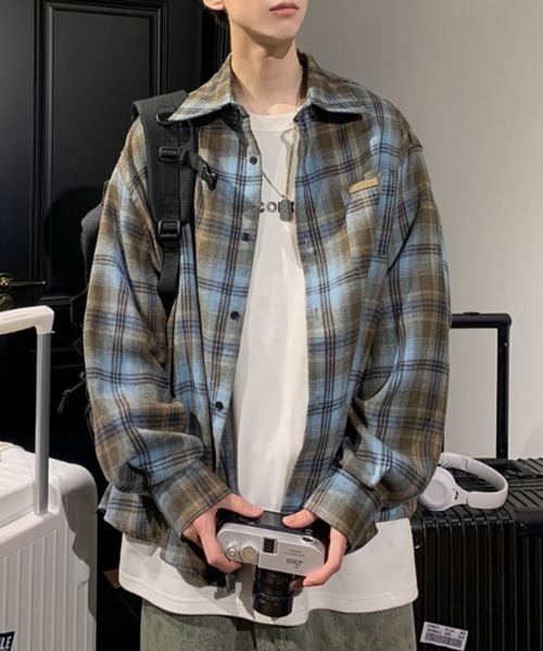 lilful シャツ ワッペン付きビッグシルエットチェックネルシャツ