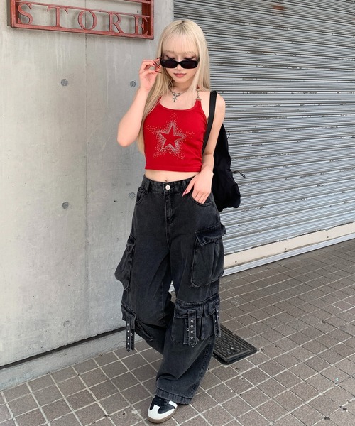 lilful カーゴパンツ Y2K ストリート ウォッシュドワイドデニム サイド