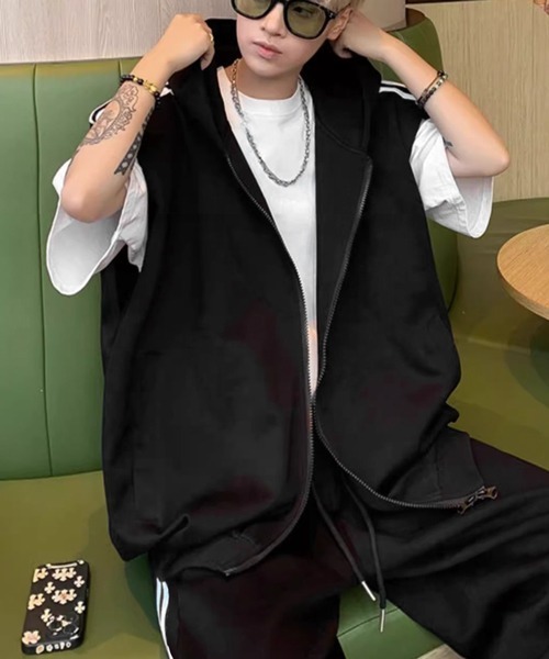 NOWLE（ノウル） パーカー 「NOWLE」ライン柄 ノースリーブ ジップ