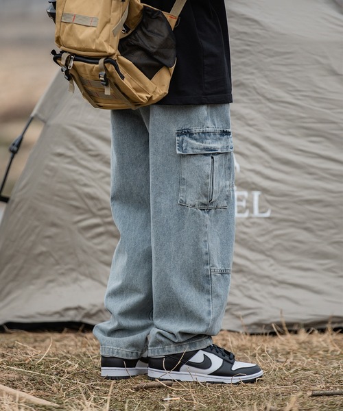 カーゴパンツ 「HOOK」古着風ビッグポケット付きウォッシュ加工デニム