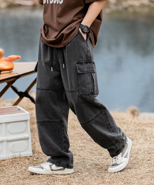 カーゴパンツ 「HOOK」古着風ビッグポケット付きウォッシュ加工デニム