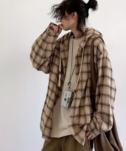 FreeZone パーカー チェック柄フード付きシャツ メンズ レディース