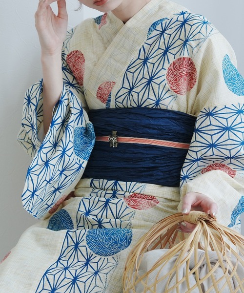 utatane 浴衣 浴衣3点セット 綿麻 紺色の麻の葉と鞠 レディース