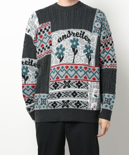 セーター ニット 「HOOK」パッチワーク模様ニットプルオーバー メンズ