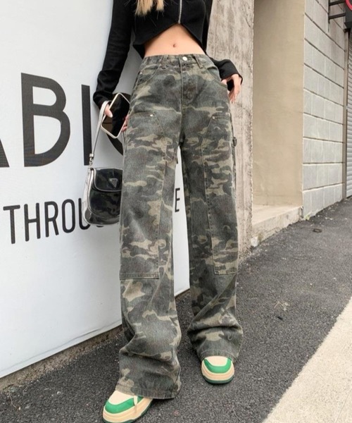 CANVAS+ パンツ 「CANVAS+」迷彩柄ワイドストレートワークパンツ