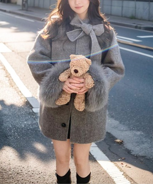 コート アウター ファーカフスリボンネックダブルブレストコート