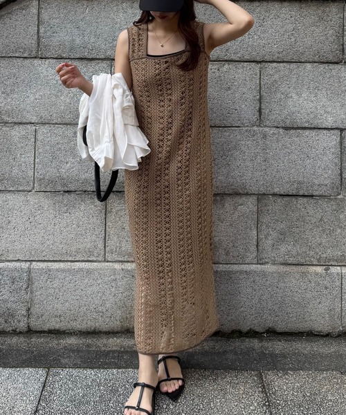 JUNOAH（ジュノア） ワンピース クロシェ編みバックリボンIライン