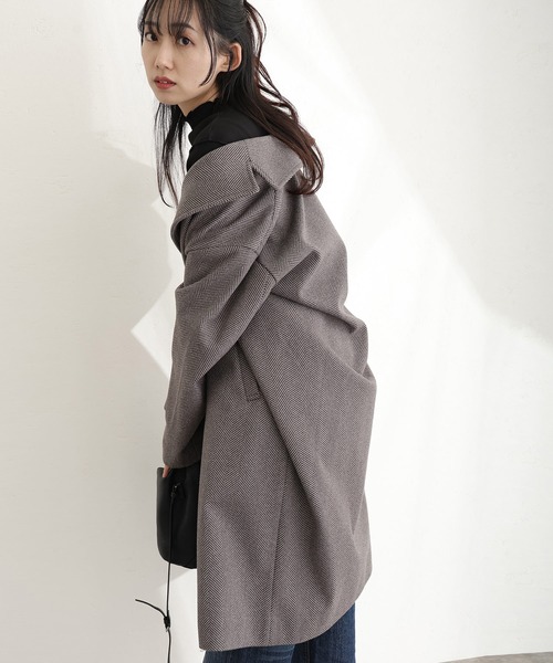 ElegChic コート チェスターコート 家で洗えるヘリンボーン柄 コート