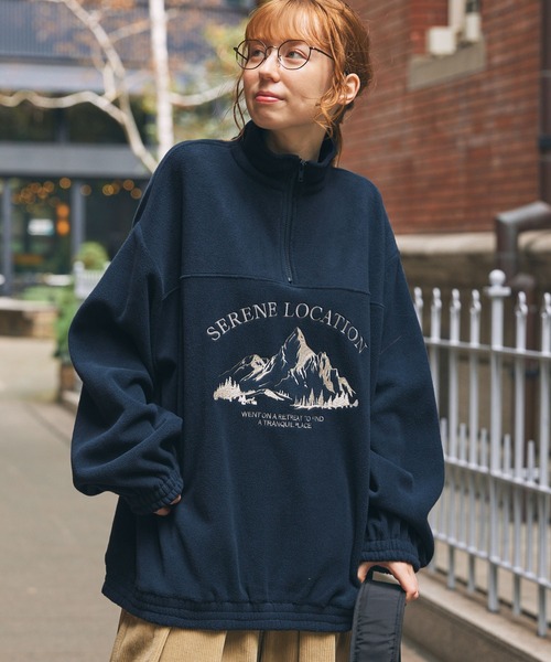 トレーナー スウェット フリース 配色マウンテン刺繍デザイン ハーフ