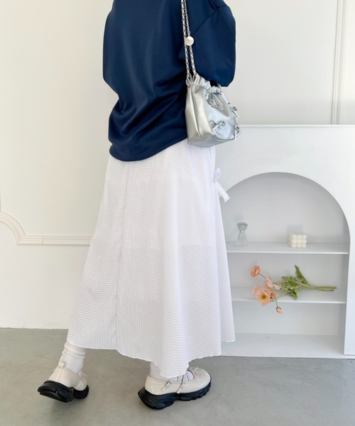 Loueme スカート メニーリボンギンガムチェックギャザーフレアスカート