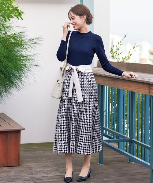 Tiaclasse ワンピース 「洗える」千鳥柄ニットプリーツワンピース