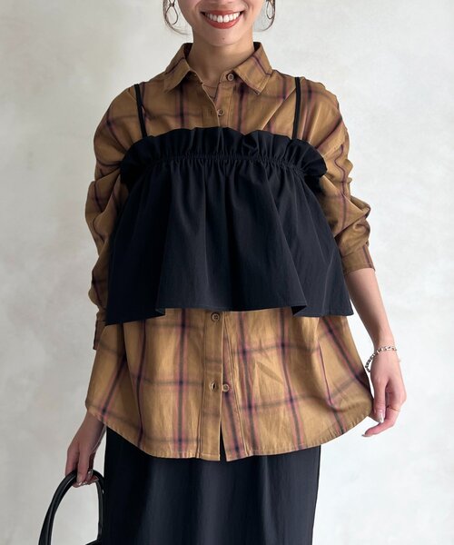 Chez toi（シェトワ） ブラウス シャツ ウエスト絞りチェックシャツ