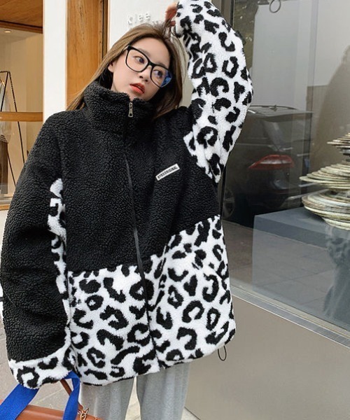 コート ジャケット ボア 裏フリース 豹柄 カーディガン ドルマン 防寒