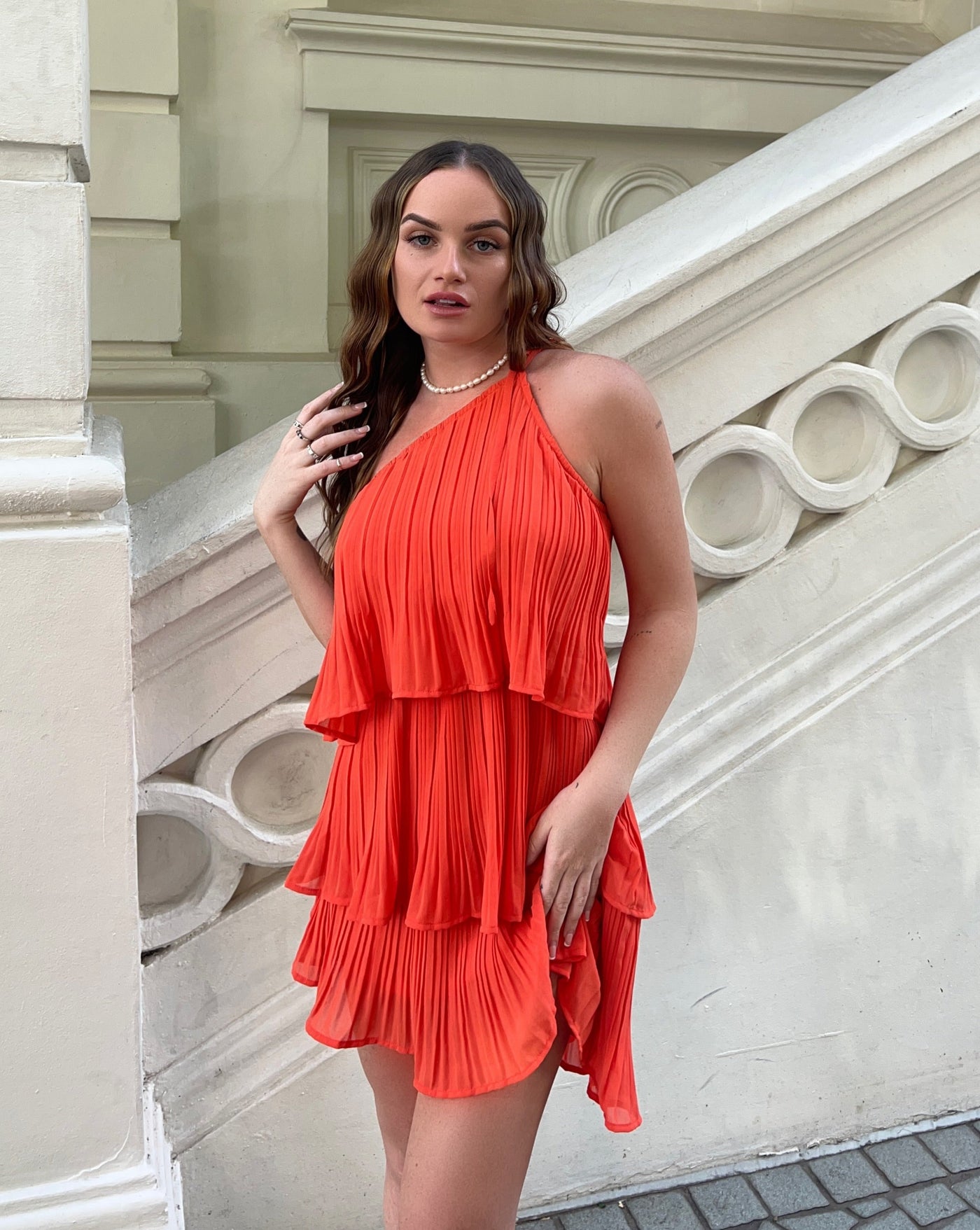 ZESICA One Shoulder Sleeveless Ruffle Pleated Chiffon Mini Dress