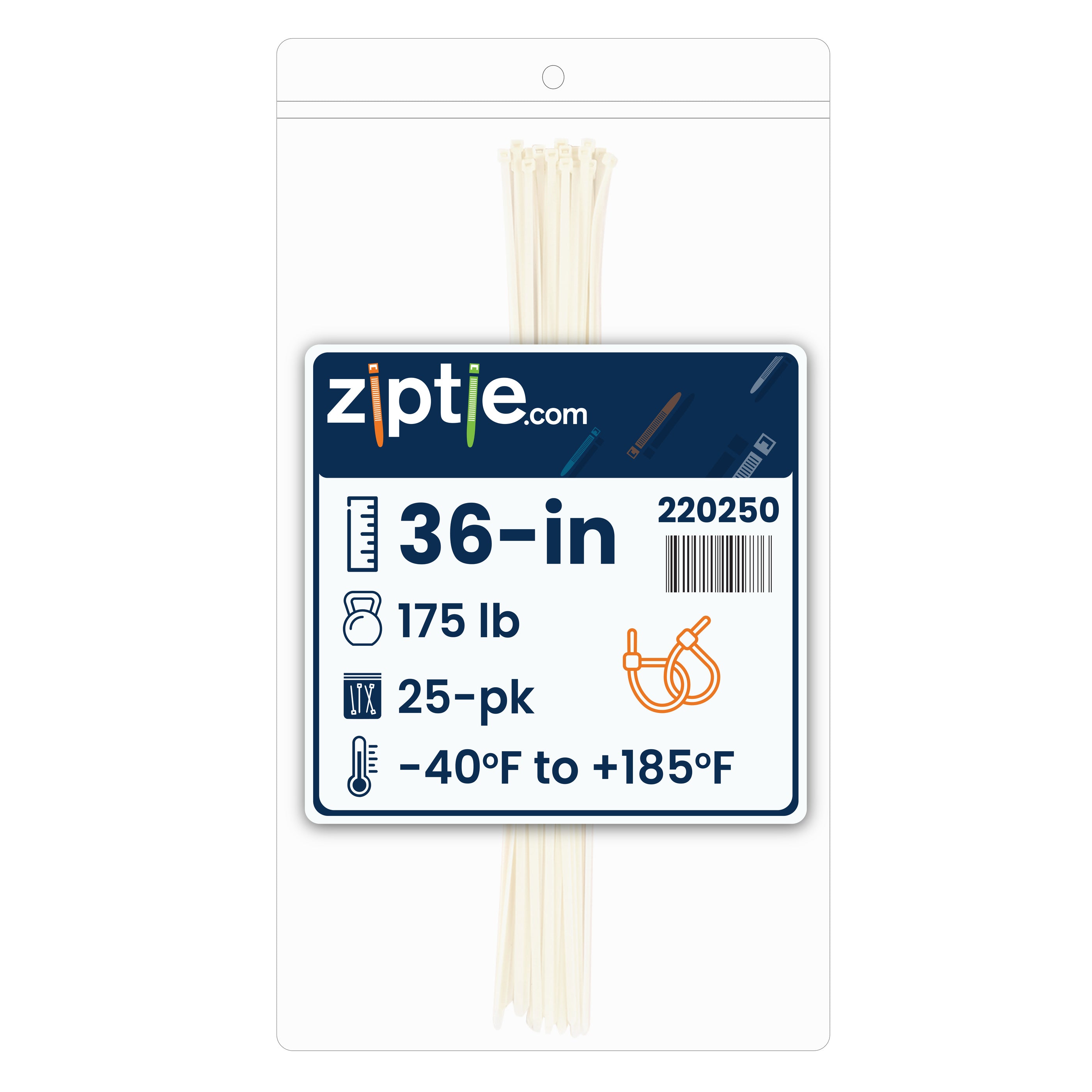 36-inch Natural Multi-Purpose Zip Tie, 175-lb Tensile Strength, UL