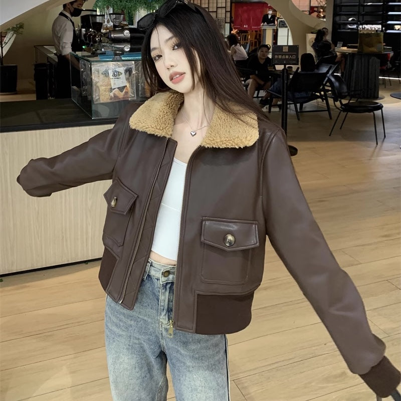 フェイクレザー ジャケット 襟ボア レディース 韓国 ファッション