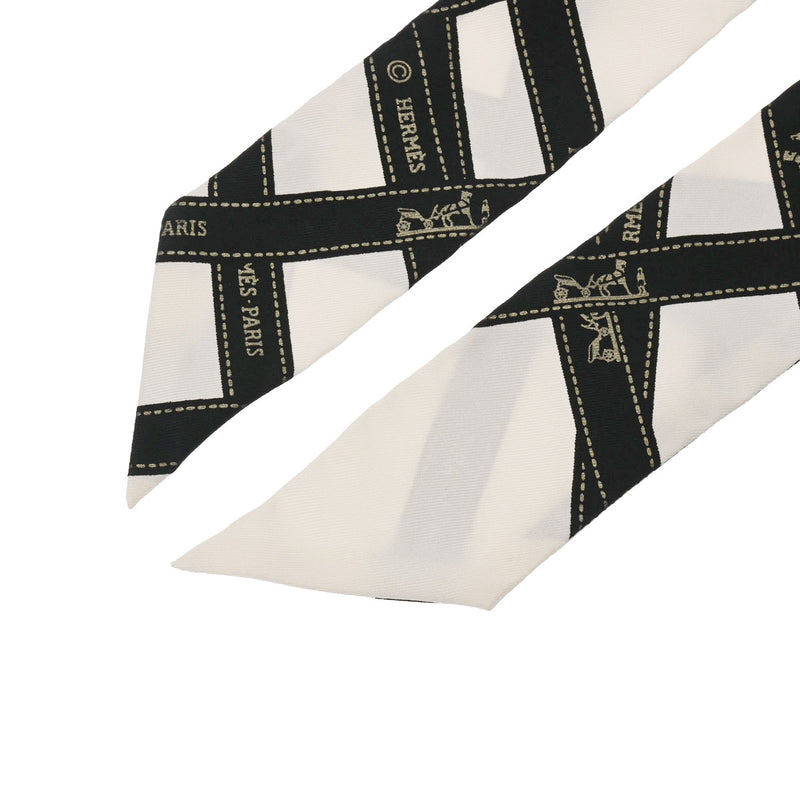 エルメスツイリー Bolduc リボン柄 白/黒 レディース シルク100