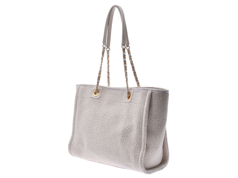 シャネル ドーヴィル 白 ラメ レディース ツイード チェーントート