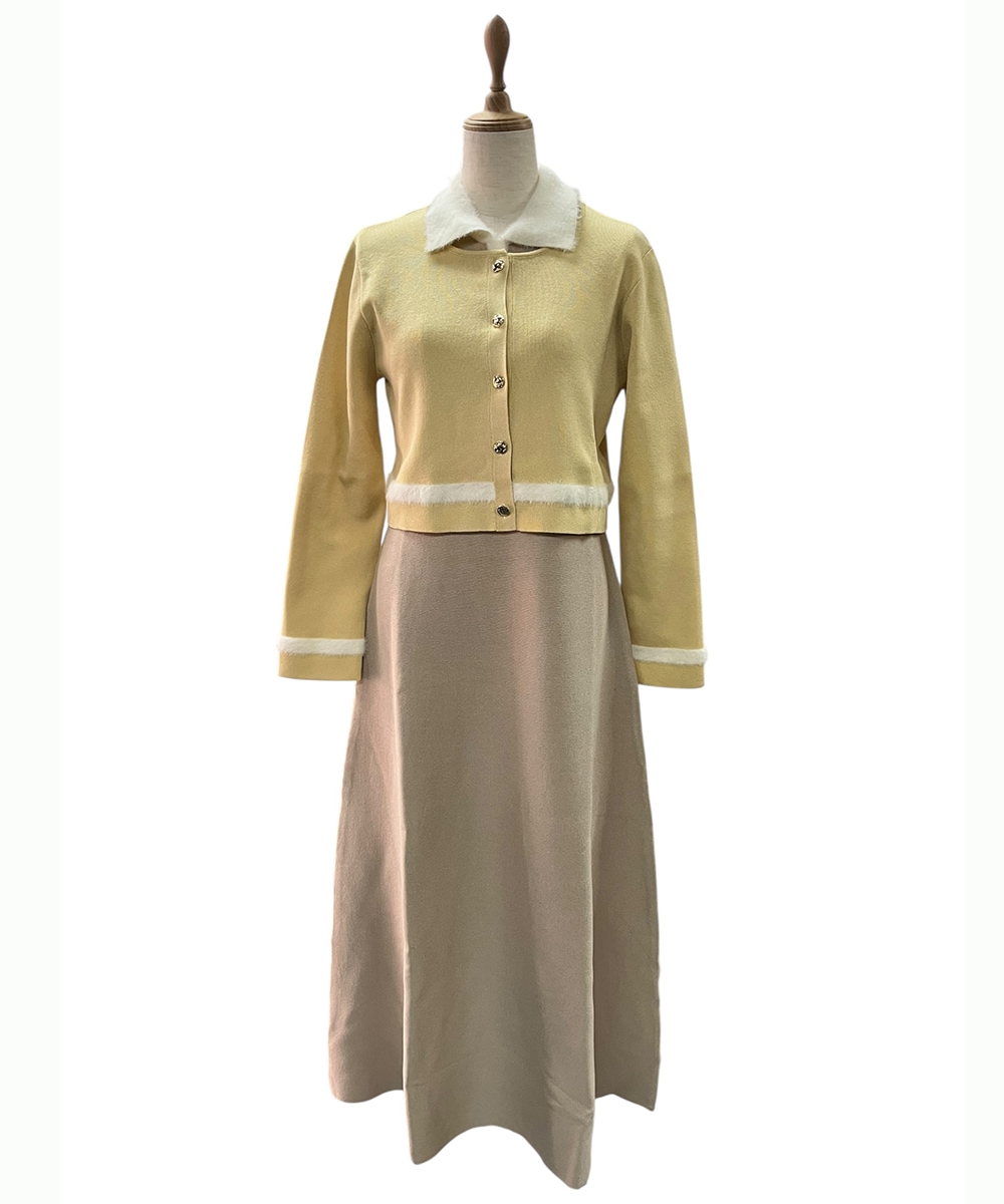 SALE】シャギー衿ニットワンピース×ノーカラーカーディガンセット