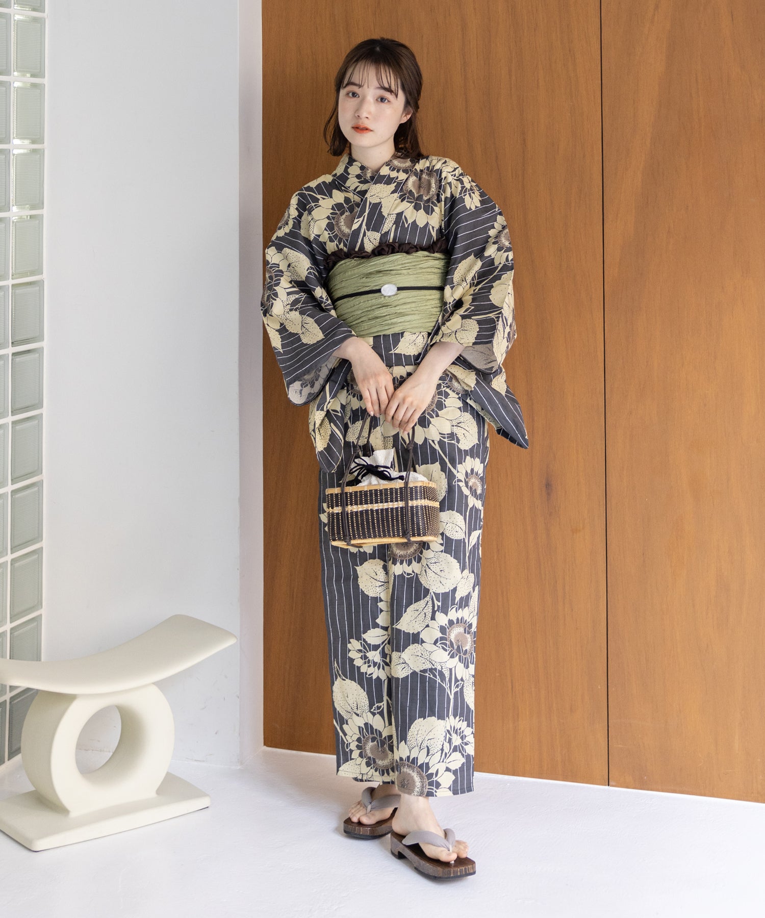 こだわり浴衣5点セット (浴衣/帯/下駄/腰紐/着付け冊子) 変わり織生地
