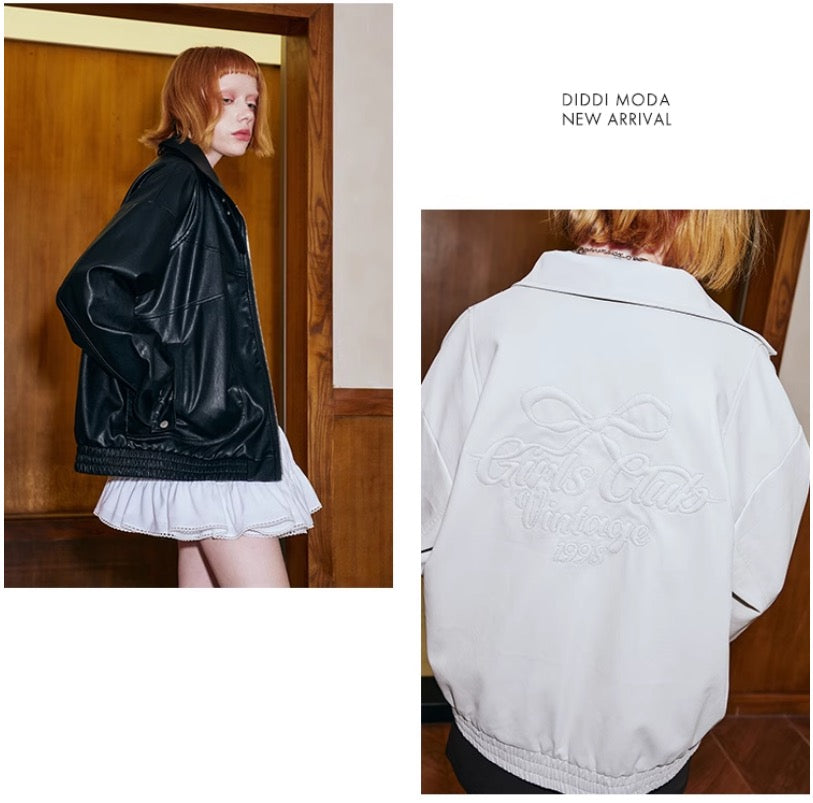 DIDDIMODA リボン刺繍エンボスレザージャケット – 個性的な
