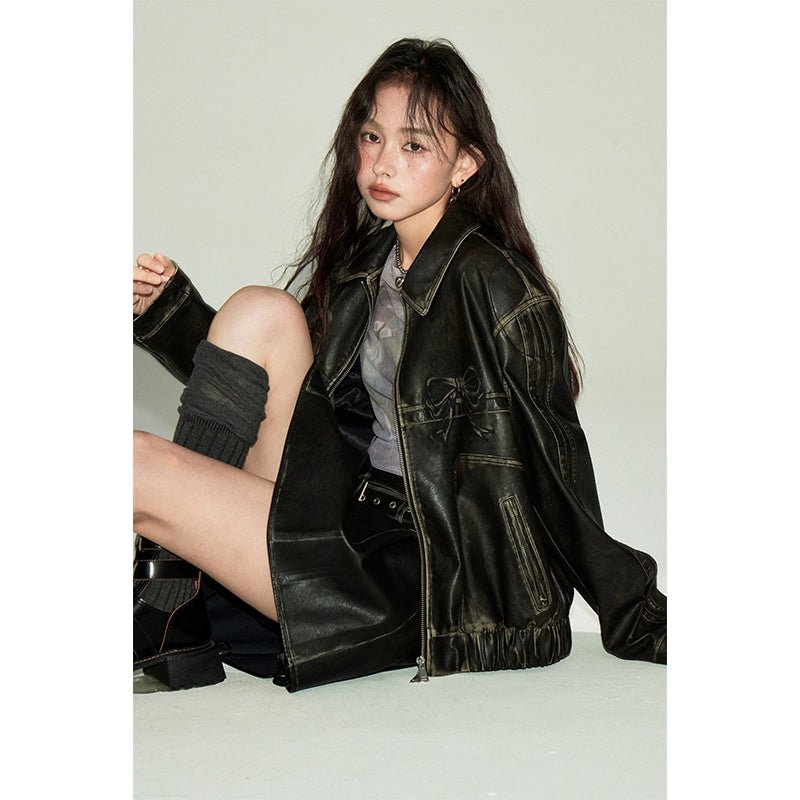 DIDDI MODA Sweet and cool ribbon retro black leather jacket – 個性