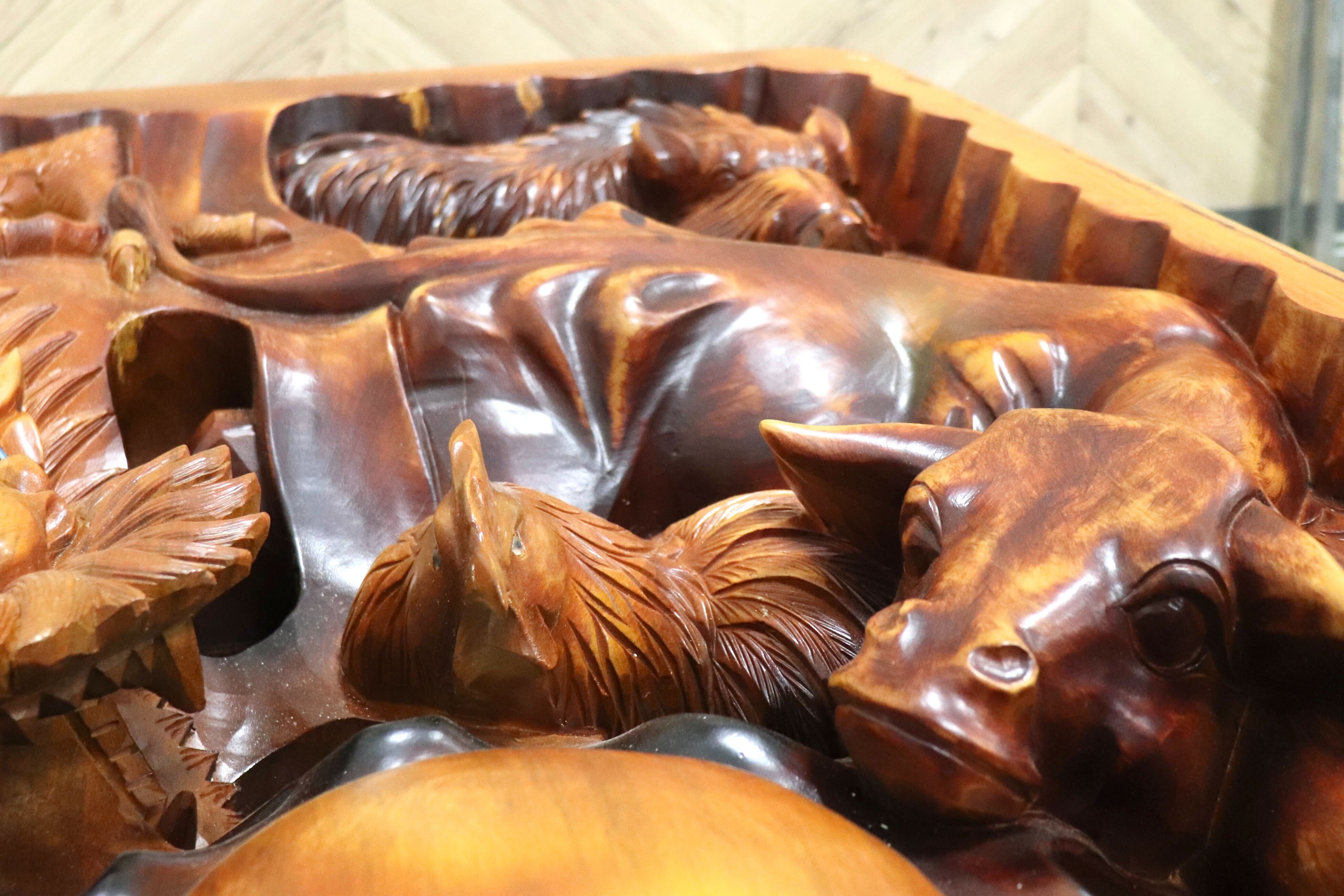 GMHS46○中国美術 十二支 木彫 彫刻 天然木 センターテーブル リビング