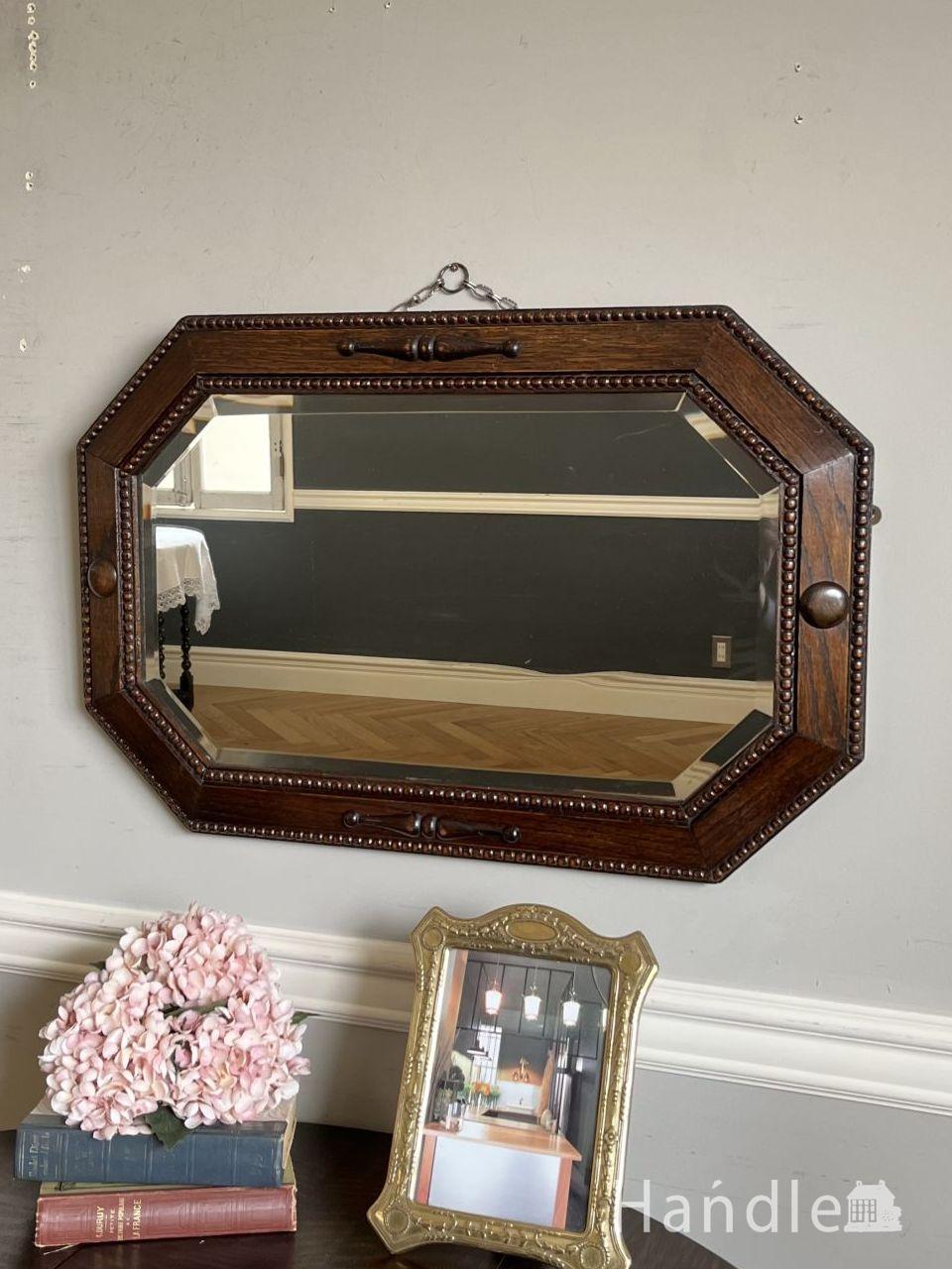 英国アンティークのおしゃれな壁掛け鏡、浮彫が美しいオーク材の