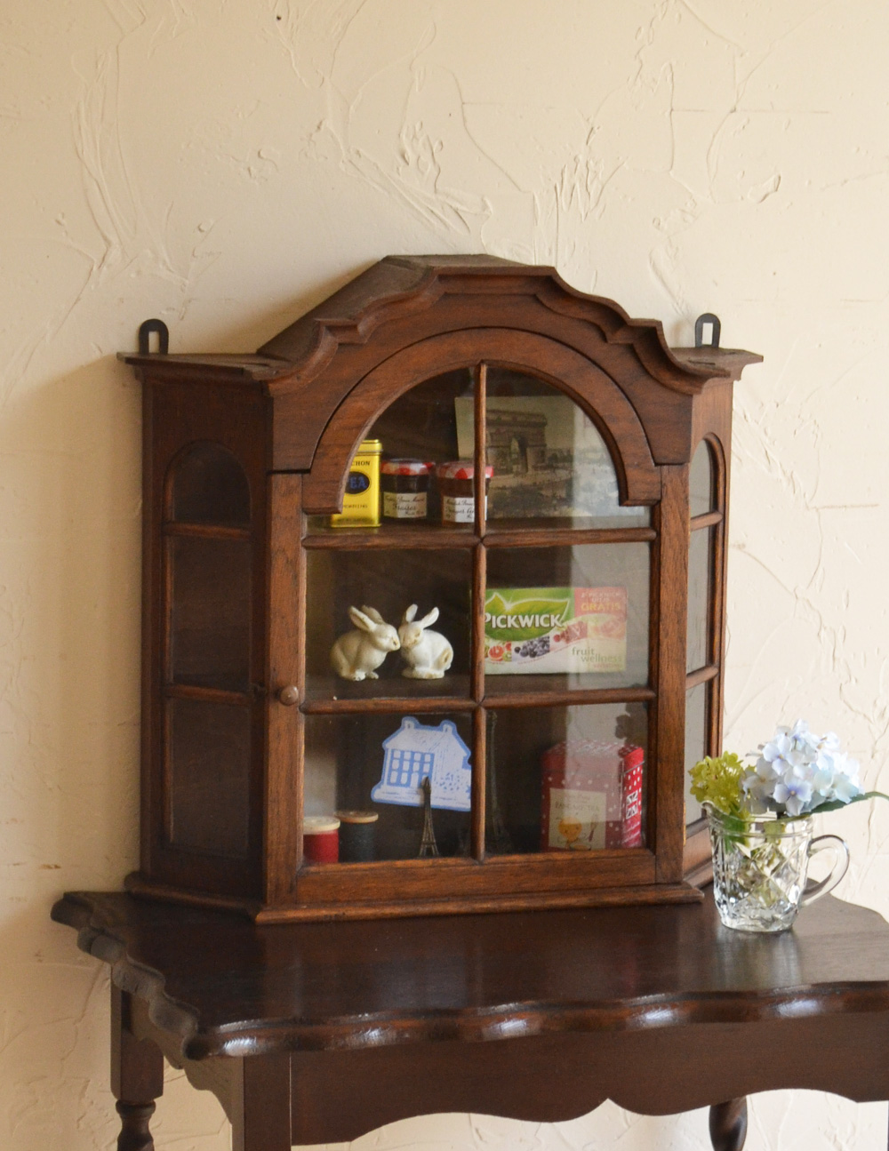 アンティーク 壁付け飾り棚 収納棚 ウォールキャビネット ミラー付き