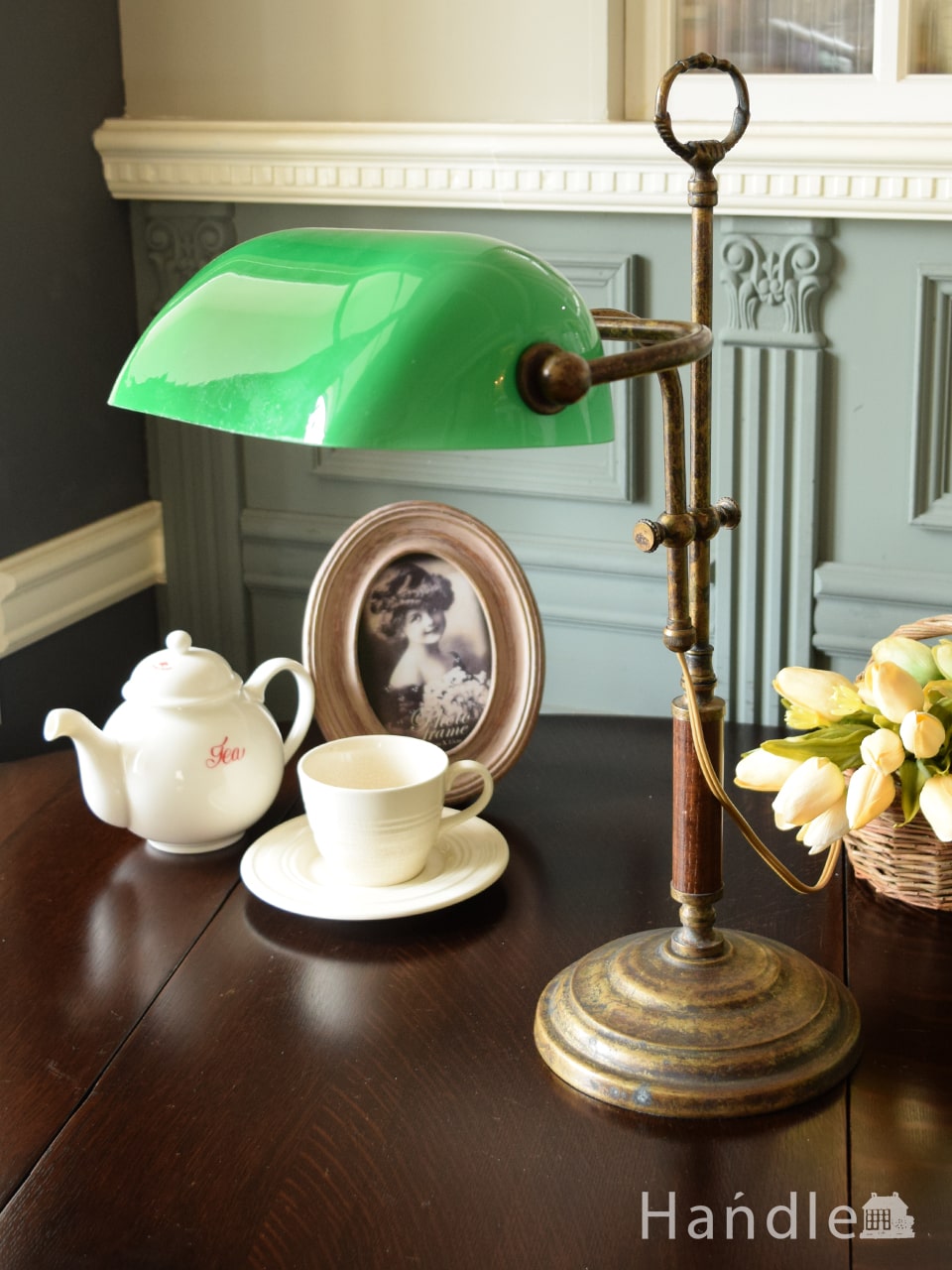 インダストリアルなアンティーク照明、ライトグリーン色のデスクランプ