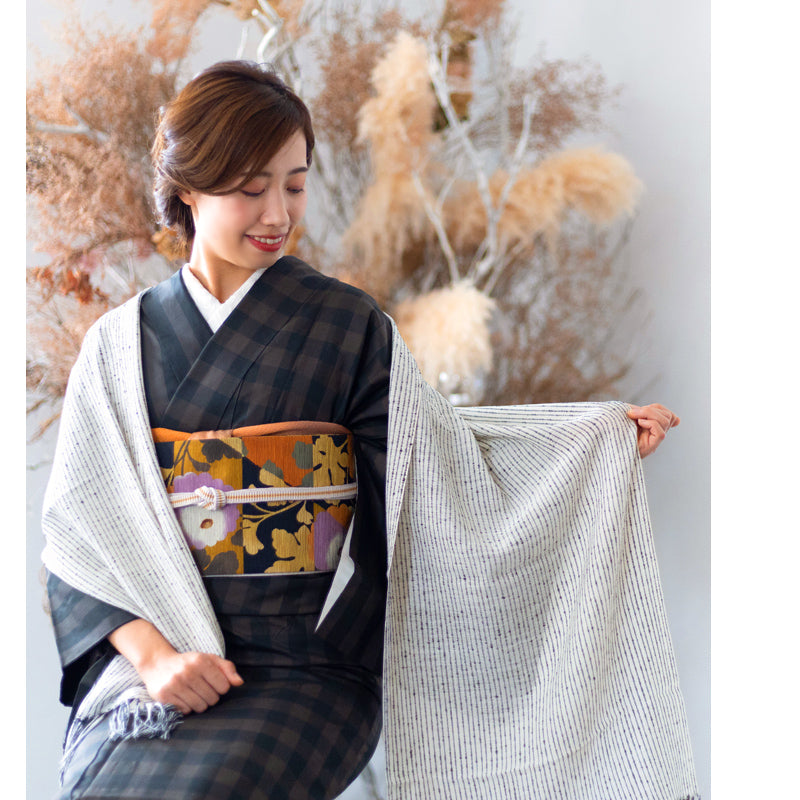結城紬 ショール 真綿 交織 ストール フリンジショール 絹100％ シルク
