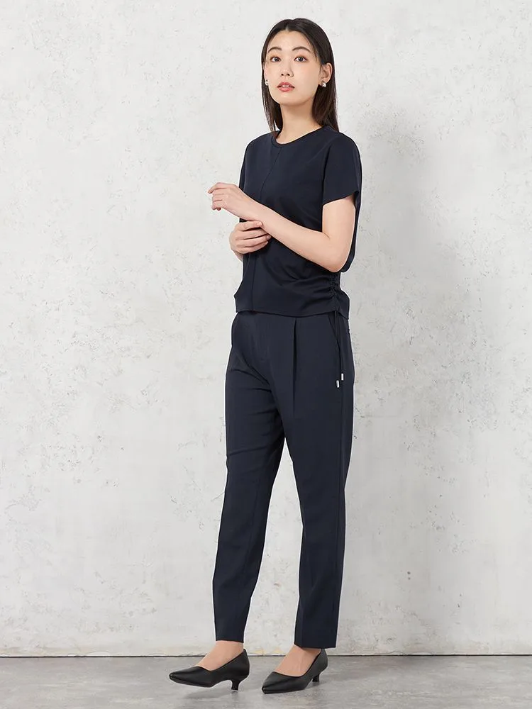 ブラック 【INDIVI】シルケットポンチ 半袖 サイドドロストTシャツ 春