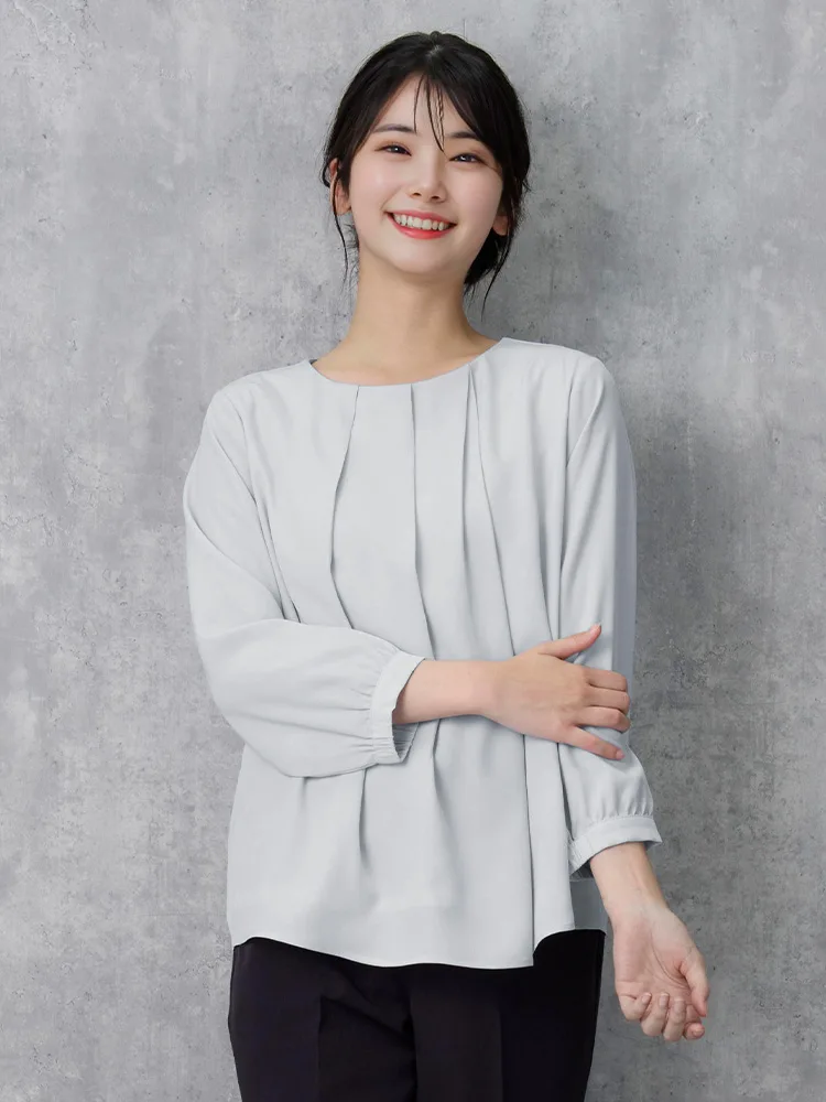 L．グレー 【透けにくい】フロントタック ブラウス 7分袖 2枚仕立て