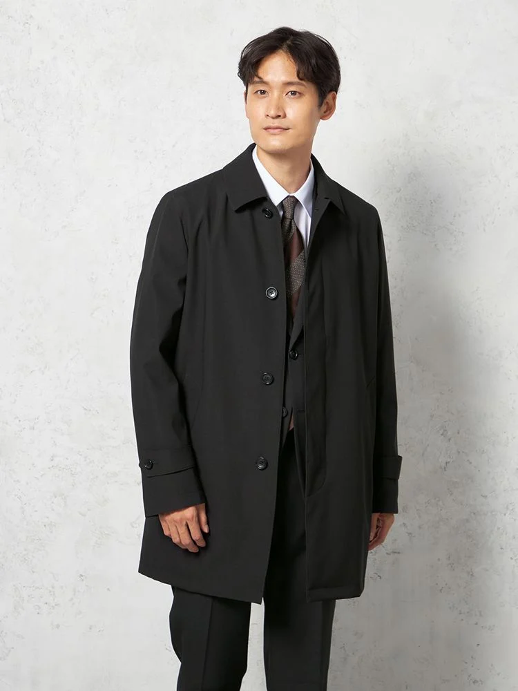 ブラック 【撥水加工】ステンカラーコート ストレッチ 無地