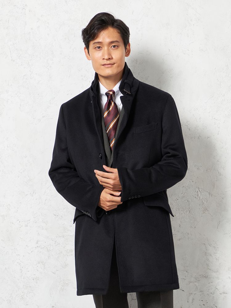 ネイビー 【カシミアブレンド】コンバーチブルチェスターコート 無地