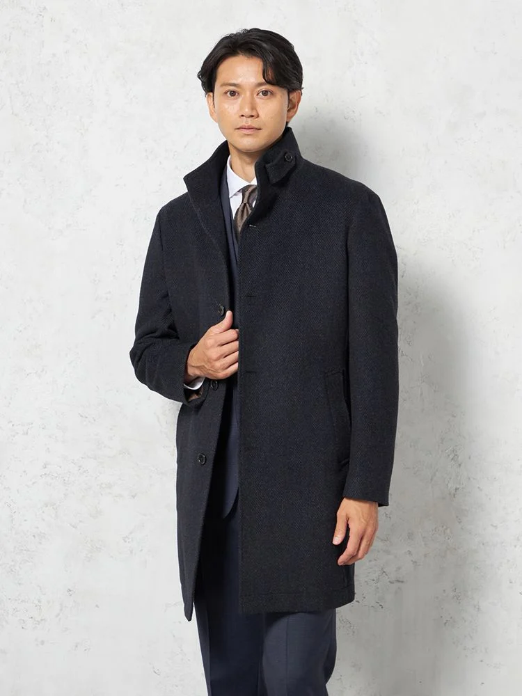 C．グレー 【尾州アンゴラ混素材】スタンドカラーコート ミドル丈 織