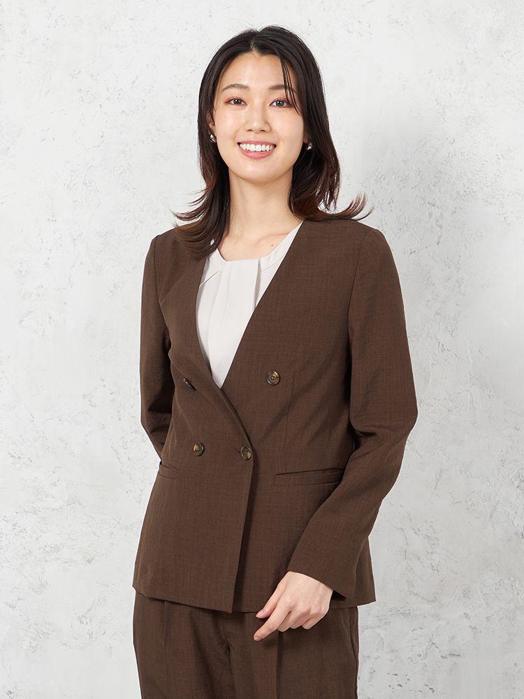 ブラウン 【ウォッシャブル】ノーカラーダブルジャケット リネンライク