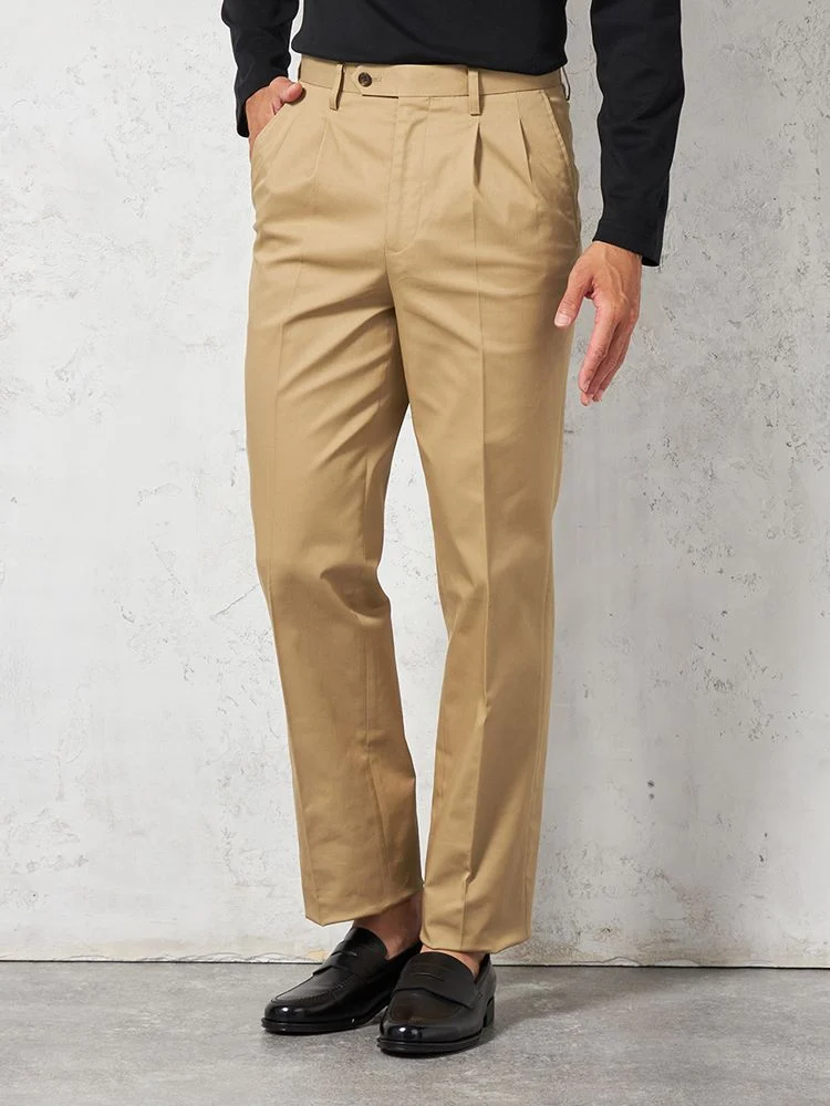 ベージュ 【ツータック】チノパン 折り目加工 無地 カジュアルパンツ