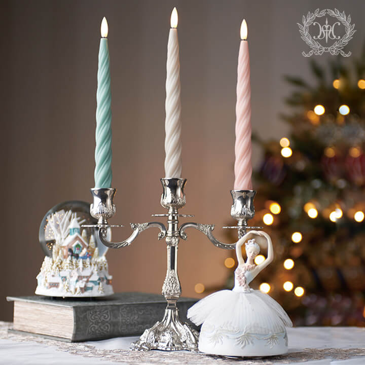 LEDスウィールテーパーキャンドル2本セット/オリーブ｜クリスマス雑貨