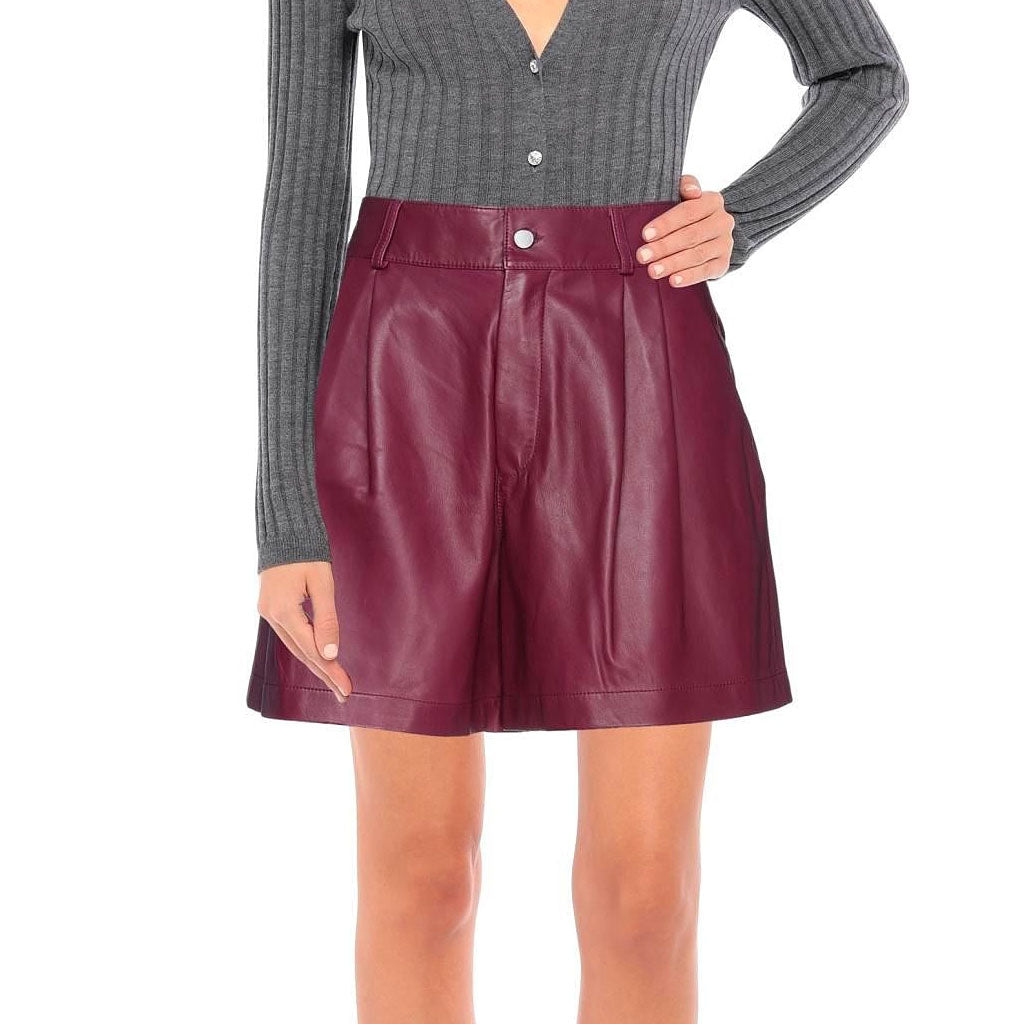 Burgundy Multipockets Women Bermuda Leather Shorts | HOTLEATHERWORLD