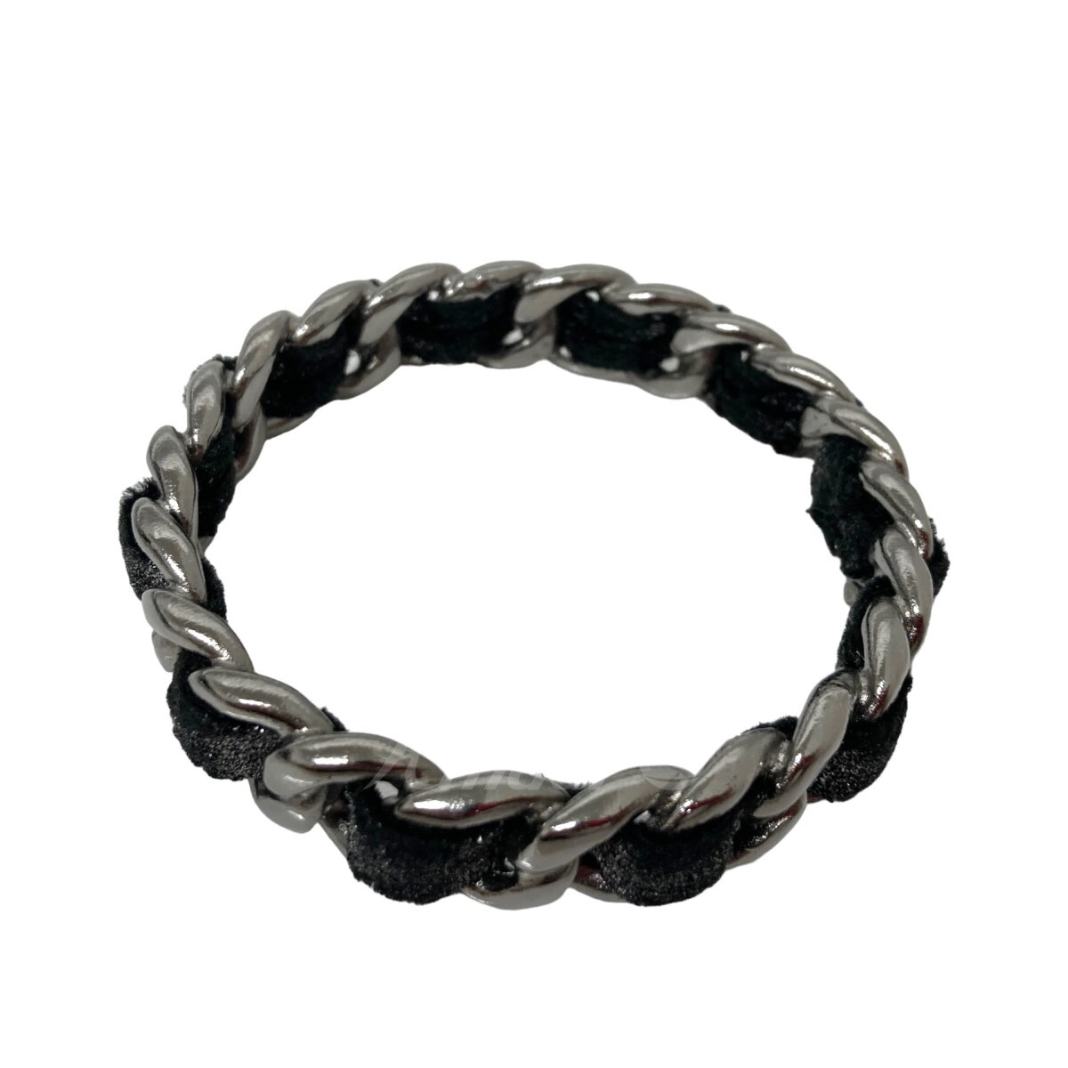 CHANEL Chain x Leather Bangle Bracelet Silver x Black Unisex