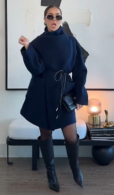 Zara ZW Collection Wool Blend Scarf Coat Navy Blue Size XS S M