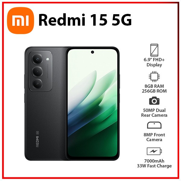 Xiaomi Redmi 15 5G 8GB+256GB BLACK Dual SIM Unlocked Android Cell