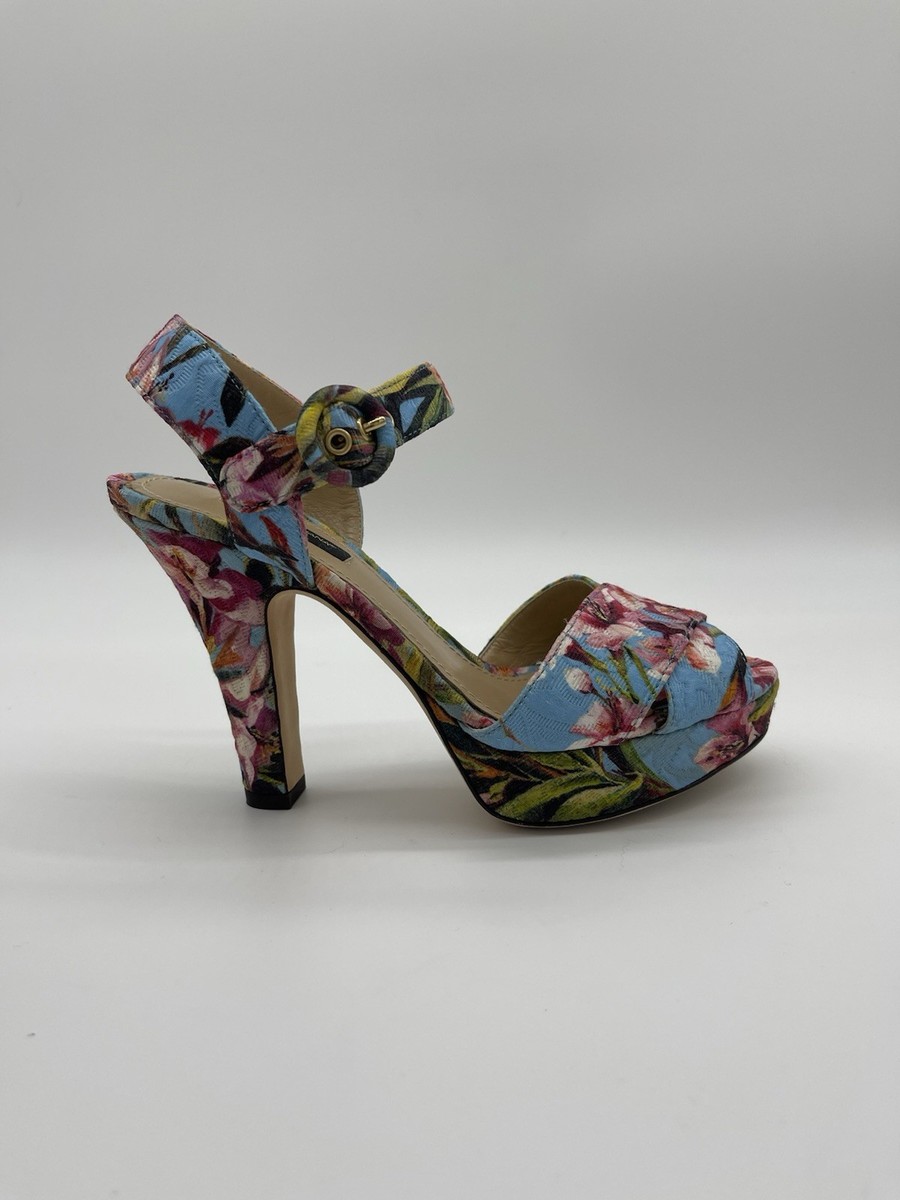 RARE Dolce & Gabbana Jacquard Pink Blue Floral Platform Heels