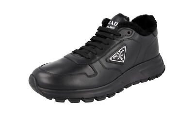 PRADA PRAX 01 SNEAKERS SHOES 2EE369 BLACK LEATHER FUR LINED US 8