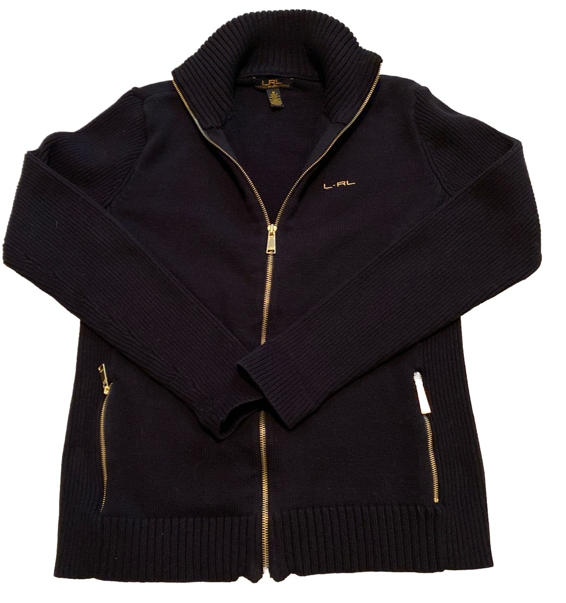 Ralph Lauren Black Label Gold Full Zip Mock Neck Ribbed Cardigan