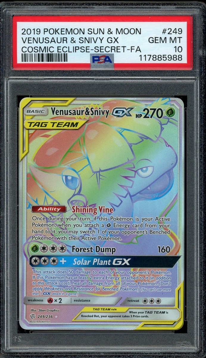 Pokemon PSA 10 Venusaur & Snivy GX 249/236 Cosmic Eclipse Rainbow
