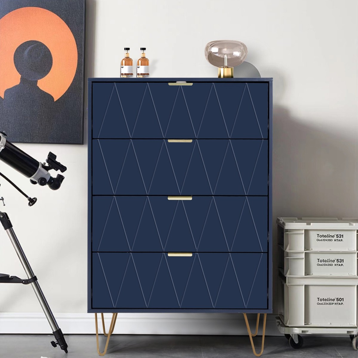 4 Drawers Chest Of Dresser Storage Tower Cabinet Navy Blue Bedroom