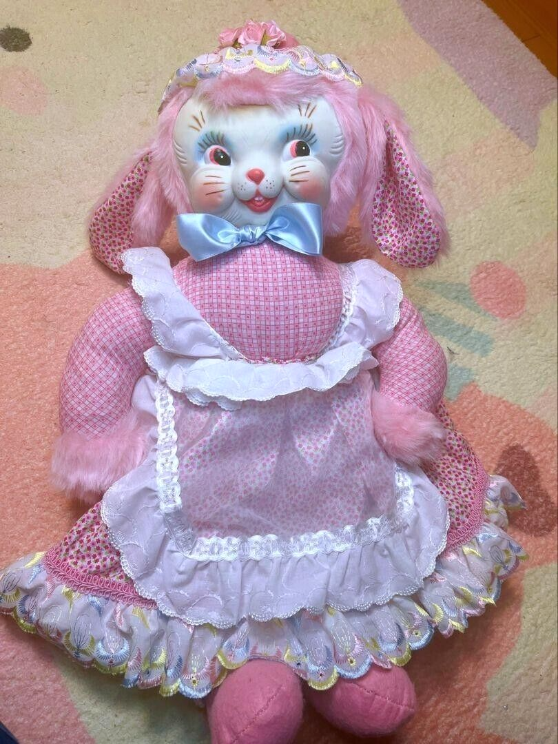 RUSHTON Rubber Face Plush Bunny Pink Doll 60cm Lace flower Vintage